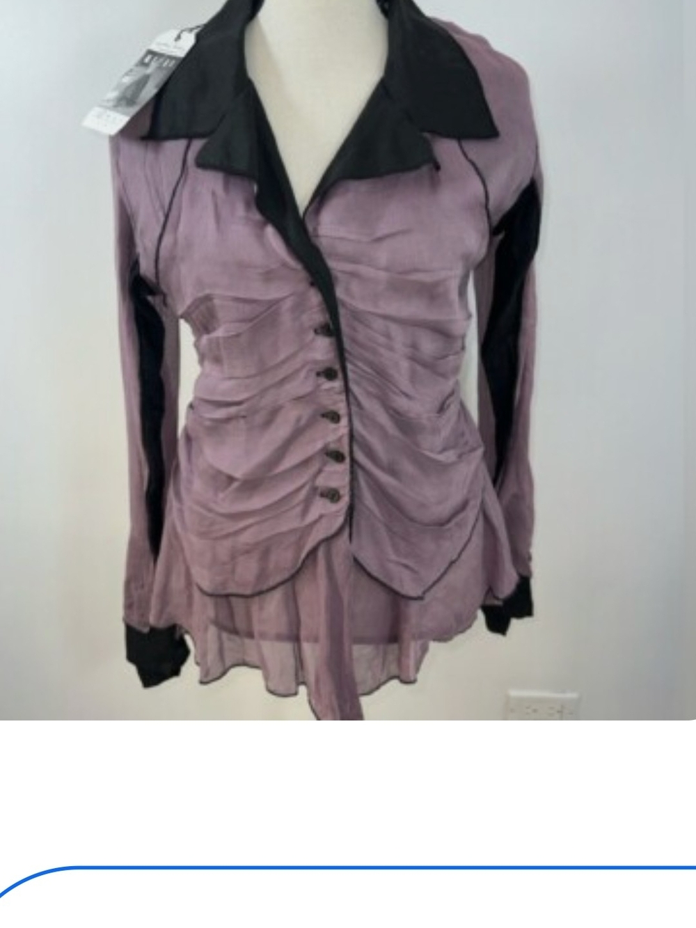 Silk Sheer Ruched Lavender Blouse with Black Trim